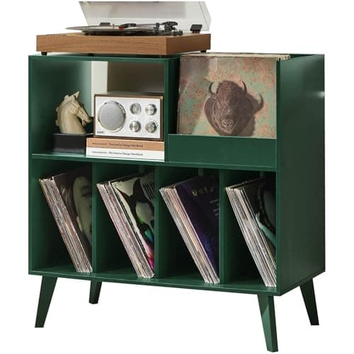 Image of LELELINKY Large Record Stand With Storage and Shelf - Vinyl Holder With Presentation Surface for Up to 300 Albums - Music Room and Living Room