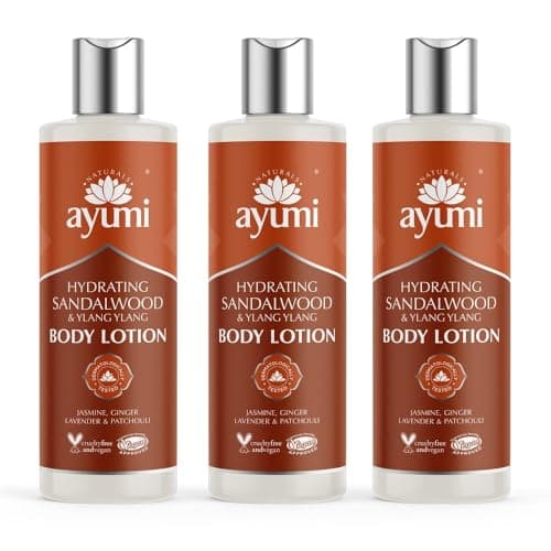 Image of Ayumi Sandalwood Body Lotion | Hydrating Body Lotion for Dry Skin | Aromatherapy Body Moisturiser with Lavender | Hand Cream to Soften the Skin | Moisturiser for Men & Women | 3 x 250ml