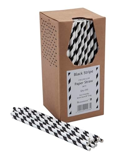 Image of 8 Inch 6mm Bore Paper Straw - Black & White Striped Pk 250