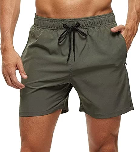 Image of YuKaiChen Men's Swim Shorts Swimming Trunks Board Shorts Water Repellent Quick Dry Surfing Beach Shorts with Zipper Pockets and Mesh Lining Size 32 ArmyGreen