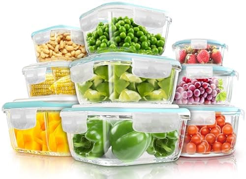 Image of KICHLY Glass meal prep containers - Set of 18 pcs (9 Containers and 9 Lids) - Airtight Storage glass food containers with lids for Freezer - Snap locking, Dishwasher safe, Oven Friendly, & BPA Free