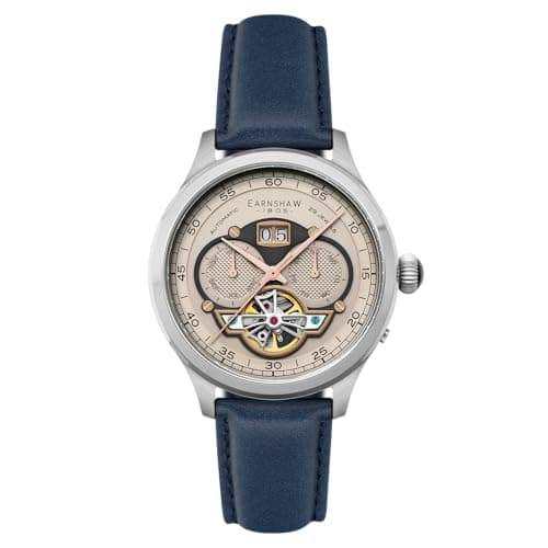 Image of Thomas Earnshaw Men's 43mm Baron Grand Date Calendar Open Heart Automatic Camel Blue Watch with Leather Strap ES-8187-04