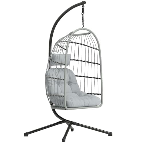 Image of Outsunny Hanging Egg Chair, Indoor Outdoor Hammock Swing Chair with Stand, Safety Strap, Foldable Basket, Thick Cushions, Headrest, Adjustable Height, Metal Frame for Garden Balcony, Light Grey