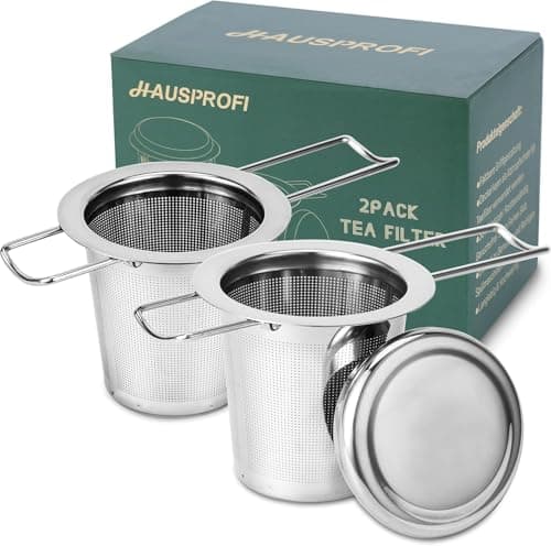 Image of HAUSPROFI Tea Infuser, 304 Stainless Steel Tea Strainer with Lid and Foldable Handle, Tea Filter for Teapots Cups Mugs to Brewing Steeping Loose Leaf, 2 Pack