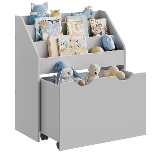 Image of SONGMICS Kids Bookshelf and Toy Organiser, Toy Storage Chest and Bookcase with 3 Shelves, Storage Box with Wheels, Multipurpose, for Children's Room and Playroom, Dove Grey GKR041G10
