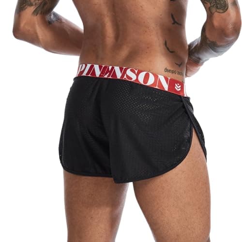 Image of Men's Split Sides Running Shorts: Fitted Athletic Gear for Gym, Workout, and Yoga with Mesh Panels, Black, L