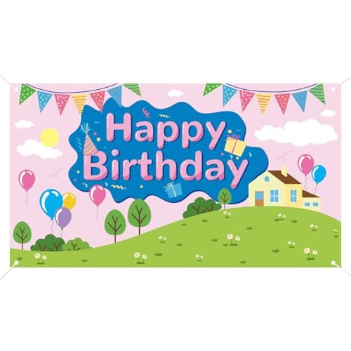 Image of SAVITA Pig Happy Birthday Backdrop Banner, 70.9x39.4in Cute Cartoon Theme Party Decoration Photo Props for Baby Shower Kids Birthday Party Supplies