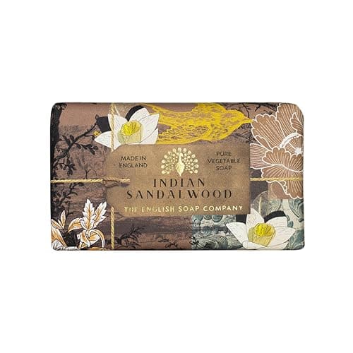 Image of The English Soap Company Anniversary Indian Sandalwood Soap - Luxury Shea Butter Bar with Warm Woody Scent - Vegan Friendly, Plastic-Free Recyclable Packaging, Made in England - 190g