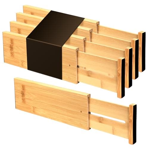 Image of Utoplike 4 Pcs Bamboo Raised Drawer Divider, Adjustable Drawer Organiser, Wooden Spring Loaded Inserts, for Utensils, Cosmetics in Kitchen, Bathroom and Bedroom Drawers
