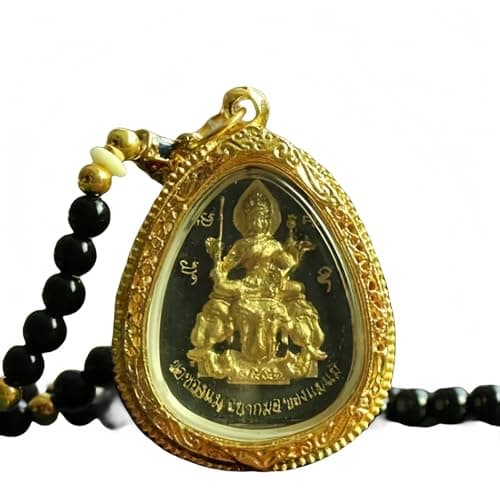 Image of Generic Authentic Thai Buddha Amulet - Four-Faced Buddha Riding an Elephant (Black Background with Gold Embellishments (Oval))