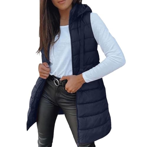 Image of Cocila Gilet for Women UK Puffer Vest Quilted Gilet 2025 NEW Upgraded Outwear Vest Hooded Warm Winter Zip Up Lightweight Body Warmer Padded Stand Collar Sleeveless Outdoor Jacket Dark Blue L