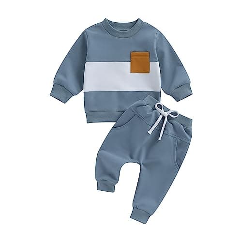 Image of Geagodelia Toddler Baby Boy Girl Clothes Long Sleeve Contrast Sweatshirt Trouser Set Fall Winter Tracksuit Outfits (B Blue, 6-12 Months)