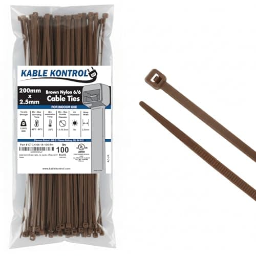 Image of Kable Kontrol Brown Cable Ties, 200 mm x 2.5 mm, Pack of 100, 8" Premium Nylon Zip Ties, Multi-Purpose Plastic Tie Wraps, Secure Self-Locking Mechanism, for Home, Garden, Office and DIY