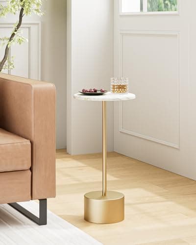 Image of HEYZOEY Small Round Side Table, Drink Table Pedestal, Wood Drink Tables for Small Spaces, Pedestal End Tables, White & Gold