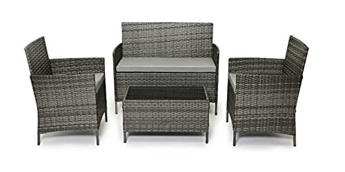 Image of EVRE Grey Rattan Garden Furniture Set Patio Conservatory Balcony Indoor Outdoor 4 Seater Piece Glass Top Coffee Table Modular Sofa Loveseat with Cushions