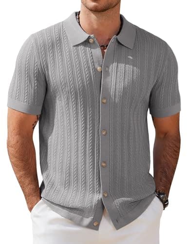 Image of COOFANDY Men's Short Sleeve Knitted Polo Shirts Stretch Cable Knit Full Button Golf Shirt Polo T-Shirt Light Gray M