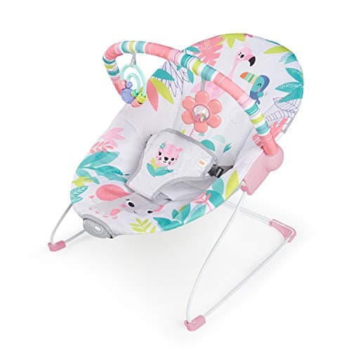 Image of Bright Starts, Flamingo Vibes Baby Rocker, Baby Swing with Soothing Vibrations, Play Arch with 2 Toys, 3-Point Harness Seat, Machine Washable Seat Cushion, from Birth to 9 kg