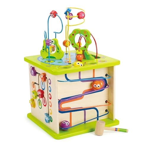 Image of Hape Country Critters Play Cube| Wooden Learning Puzzle Toy for Toddlers, 5-Sided Activity Centre with Animal Friends, Shapes, Mazes, Wooden Balls, Shape Sorter Blocks and More