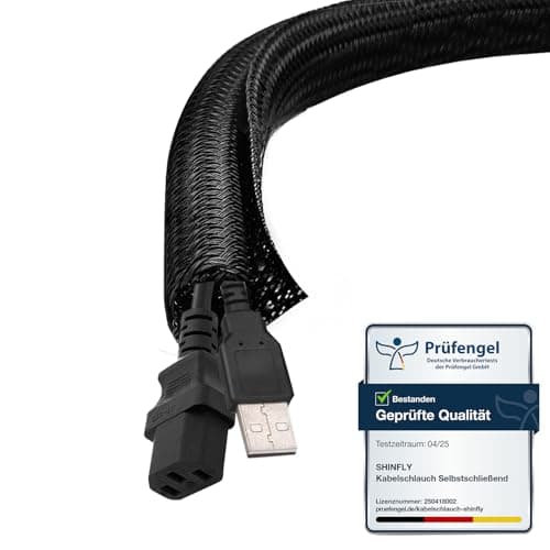 Image of shinfly Cable Sleeve 6 mm x 10 m, Black – for 1–2 thin cables or a single thicker cable, cable organizer for PC, household appliances, office & motorcycle