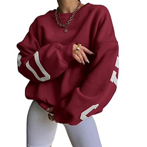 Image of Acrawnni Womens Vintage Letter Printed Oversized Sweatshirt Y2k Thickened Long Sleeve Crewneck Baggy Pullover Top Streetwear (A-Wine Red, S)
