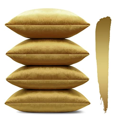 Image of Sungeek Set of 4 Decorative Cushion Covers Solid Soft Velvet Pillow Covers with Invisible Zipper Square Throw Pillow Cases for Sofa Car Patio Bedroom Living Room 45x45cm Gold