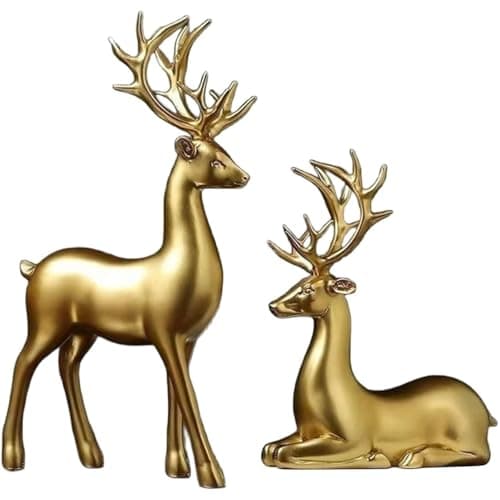 Image of NPLSEO 2PCS Christmas Reindeer Figurines, Nordic Style Resin Deer Statues, Elegant Standing & Sitting Elk Sculptures for Living Room, Shelf, Table, Fireplace Christmas Home Decoration (Gold)