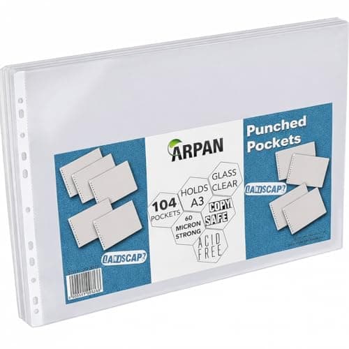 Image of A3 Poly Pockets Landscape – Glass Clear Plastic Wallets for A3 Ring Binder Landscape, Acid-Free 60 Micron Plastic Sleeves for Artwork, Book Covers Plastic Clear, Wallets for Documents (Pack of 104)