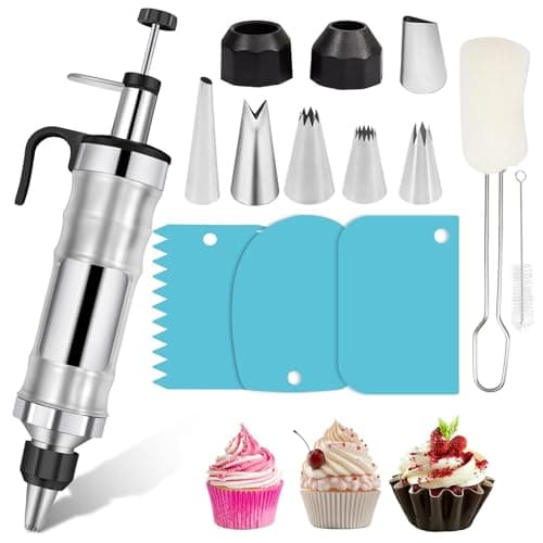Image of Icing Piping Kit Nozzles Set, Stainless Steel Reusable Icing Piping Syringe with 6 Nozzles and 3 Scrapers for DIY Baking Cupcake Dessert Cake Decorating Tools Accessories (Black)