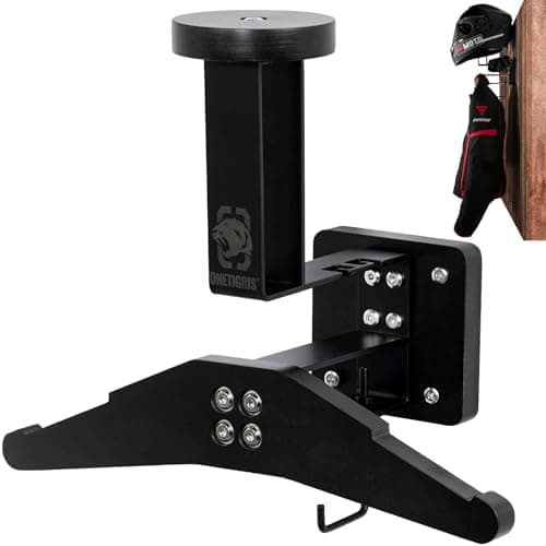 Image of OneTigris Motorcycle Helmet Holder Wall Mount – Heavy Duty Helmet Stand & Gear Rack for Motorbike Helmet, Jacket & Riding Gear Storage, Space-Saving Garage Organizer