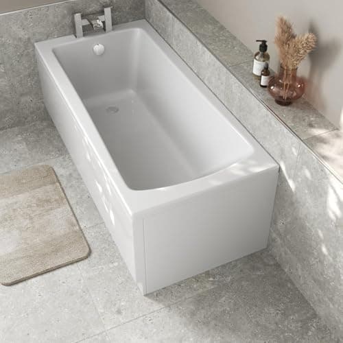 Image of Baystone 1600 x 700mm Single Ended Bath White Gloss Soaking Bathttub, Acrylic Baths for Bathrooms, Straight Wide End, Adjustable Feet, No Panel