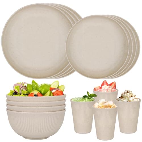 Image of Plastic Dinner Sets for 4 People,16pcs Camping Plates and Bowls Set, Reusable Picnic Set Unbreakable Plates, Cups, Bowls for Children, Adult, Party, Home