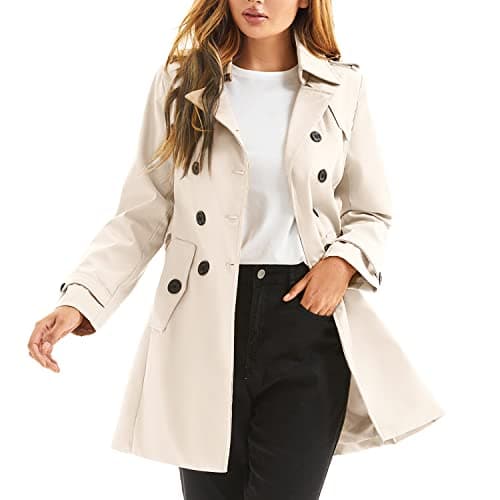 Image of poonyfesh Women's Waterproof Trench Coat, Double Breasted, Classic Lapel, Elegant Cape, Belt, Slim Outerwear, beige, M