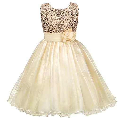 Image of Discoball Girls Princess Dress Sequin Tulle Flower Pageant Birthday Party Wedding Bridesmaid Girl Dresses for 3-12 Years Gold