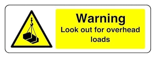 Image of Warning Look Out For Overhead Loads - safety sign - 1.2mm Rigid plastic for indoor/outdoor usage (300mm x 100mm) Viewing Distance within 5m.