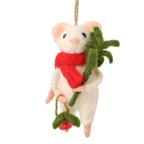 Image of Widdop Felt Mouse with Foliage – 11cm Christmas Decoration with Red Scarf and Holly Detail – Country Christmas Rustic Festive Hanging Ornament