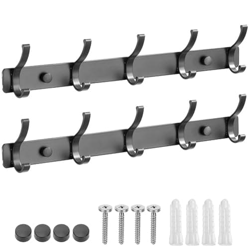 Image of 2 Pack Coat Hooks Wall Mounted with 10 Hooks Total , Hanger Wall Double Hook Rack, Heavy Duty Rust-Proof Coat Rack for Jackets, Bags, Hats & Towels in Bathroom, Bedroom, Kitchen & Entryway (grey)