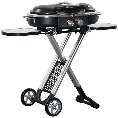 Image of Outsunny Foldable Gas BBQ Grill 2 Burner Garden Barbecue Trolley w/Lid Side Shelves Storage Pocket Piezo Ignition Thermometer, Aluminium Alloy