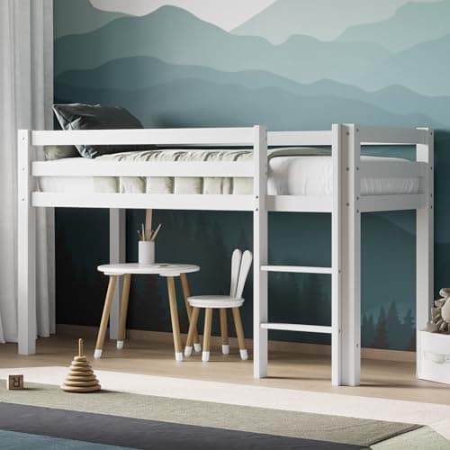 Image of Flair Furnishings - Elara Shorty Kids Mid Sleeper Bed with Storage and Noomi Eco Foam Mattress, Cabin Bed, Heavy Duty Frame, Plush and Supportive Mattress, Space-Saving Design (White)