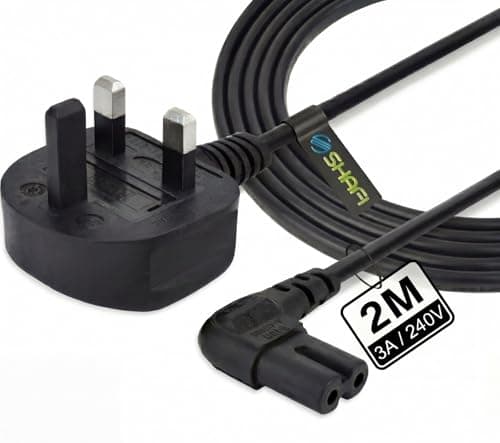 Image of SHAFI® Figure Of 8 Power Cable 2M | 2-Pin Right Angle IEC-C7 Connector Universal UK TV Plug & Figure 8 Power Lead | Compatibility with PS5 LG TV Speaker Power Cable