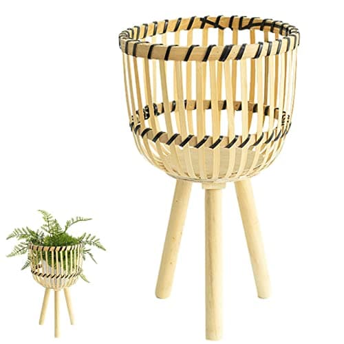 Image of Voiakiu Rattan Plant Stand - Decorative Woven Stools for Indoor Plants | Woven Plant Pot Wooden Standing Legs, Raised Planter Stool Woven Planter Basket for Modern Rustic Home Decor