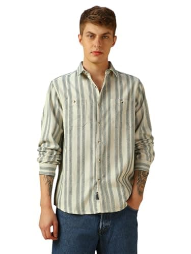 Image of Dennis Lingo Mens Cream Striped Long Sleeve Cotton Casual Shirt, cream-coloured, M