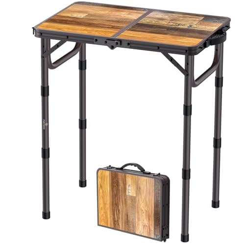 Image of FUNYKICH 2ft Small Folding Camping Table, 3 Height Adjustable Portable Picnic Table, Lightweight Aluminum Outdoor Tables with Carry Handle for Camping, Picnic, BBQ, 58x40cm(L22.8 xW15.7), Brown