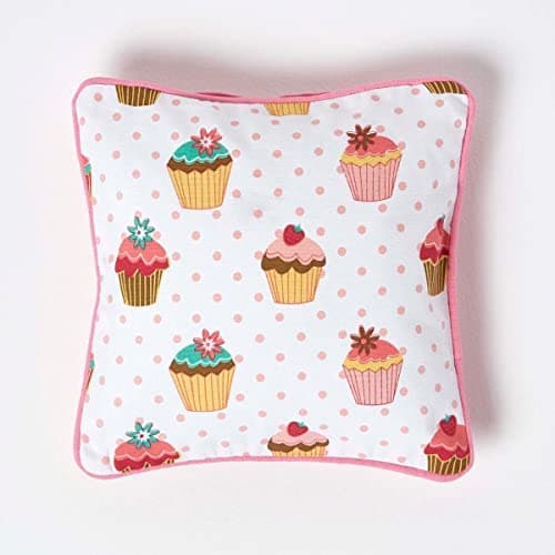 Image of HOMESCAPES - 100% Cotton - Cup Cakes - Cushion Cover - 30 x 30 cm Square - 12 x 12 Inches - Blue Pink Red White - 100% Cotton Sofa Pillow Cushion Cover - Washable