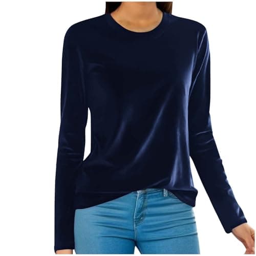 Image of Sweatshirt Velvet Base Shirts Tops for Women UK Pullover Navy Tops Casual Work Tees Tunic Velour Long Sleeve Womens T Shirts Activewear Solid Color Loose Fit