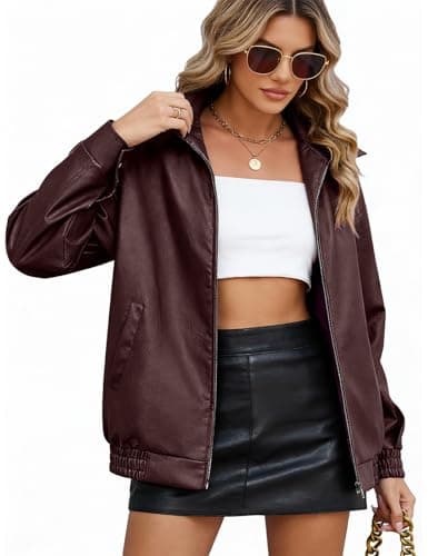 Image of CMTOP Leather Jacket for Women Faux Leather PU Women's Jackets, Casual Fashion and Classic Street Jacket Zip Up Biker Jacket Outwear with Pockets for Spring Autumn(Purplish Red,XL
