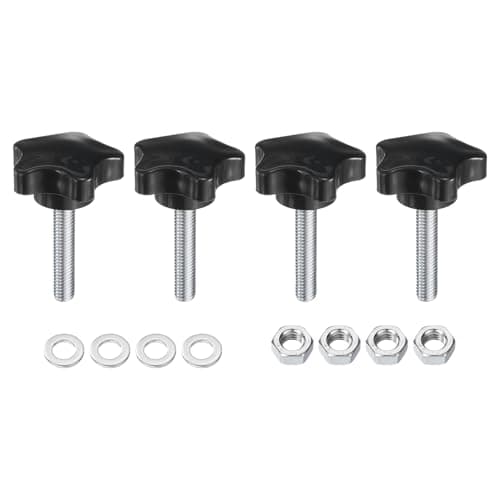 Image of sourcing map 4pcs Star Clamping Knobs with Nuts Washers, M8 x 40mm Metric Zinc Plated Carbon Steel Male Thread 39mm 5-Star Plastic Head, Threaded Stud Hand Knobs Handles Thumb Screws, Black