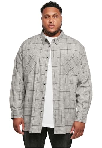 Image of Urban Classics Mens Shirt Long Oversized Checked Greyish Shirt Drop Shoulder Two Chest Pockets Available in Grey Sizes S to 5XL, Grey/Black, XL