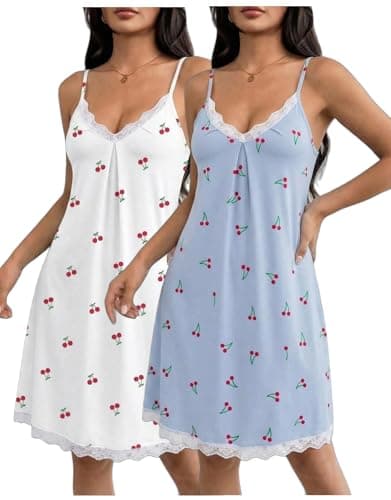 Image of Ekouaer 2 Pack Nighties for Women Lace Nightwear Strap V Neck Nightdresses Chemise Sexy Negligee Sleeveless Nightshirt Cherry White+Blue XL