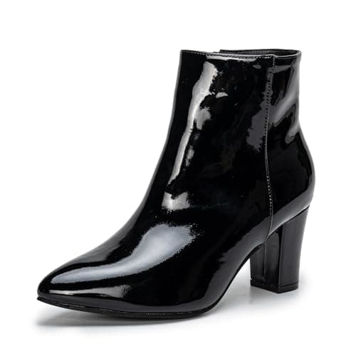Image of Remxi Women's Ankle Boots Chunky High Heel Chelsea Boots Casual Smart Party Ladies Shoes GlossyBlack UK 5.5