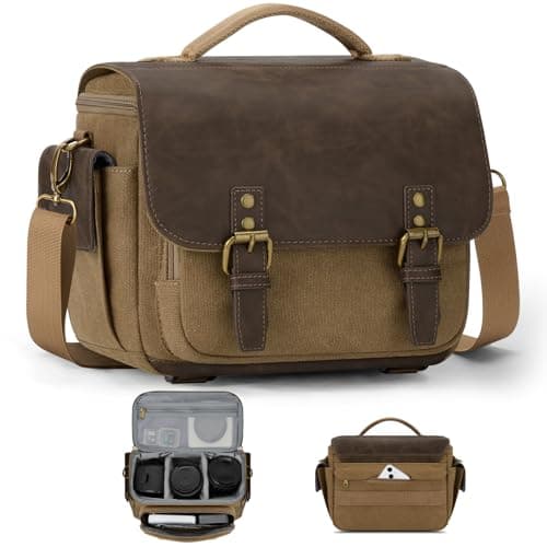 Image of RAINSMORE Camera Bag, Small Camera Case for DSLR/SLR/Mirrorless, Vintage Canvas Camera Sling Bag for Photographers with Waterproof Rain Cover & Tripod Holder